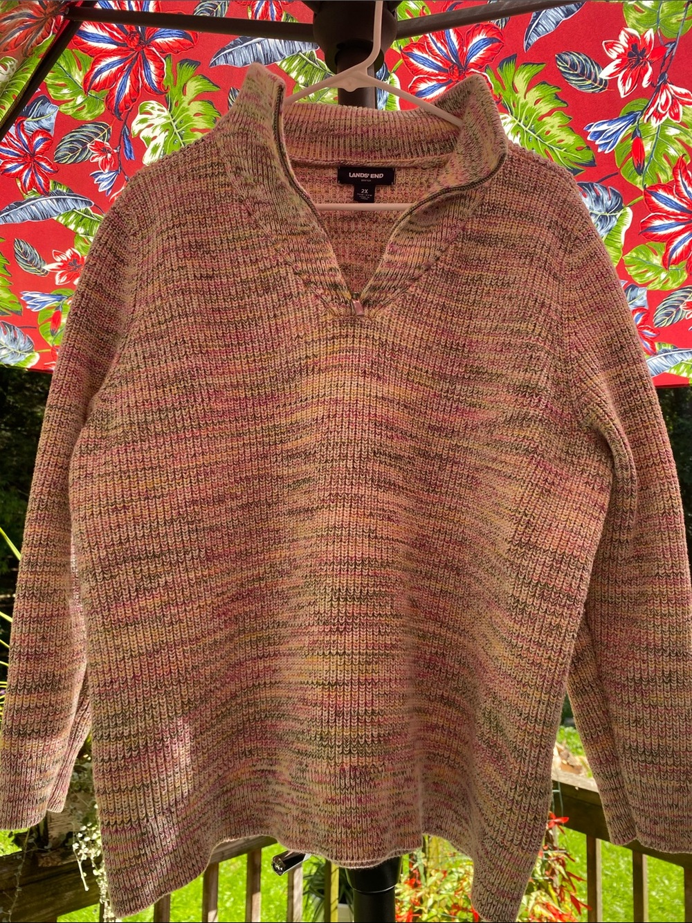 Lands' End Woman’s Multicolor Marled Quarter-Zip Sweater in Pink and Green Hues